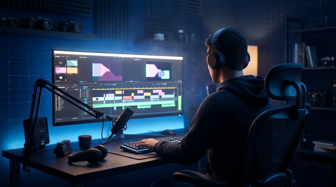 Faceless YouTube creator, seen from behind, editing a video with AI on a computer at night