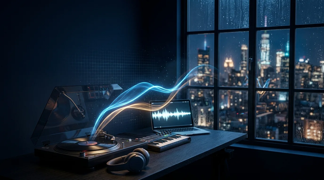 Estudio de música de noche con tocadiscos, auriculares y ondas de sonido, que representa un canal de música sin mostrar la cara
