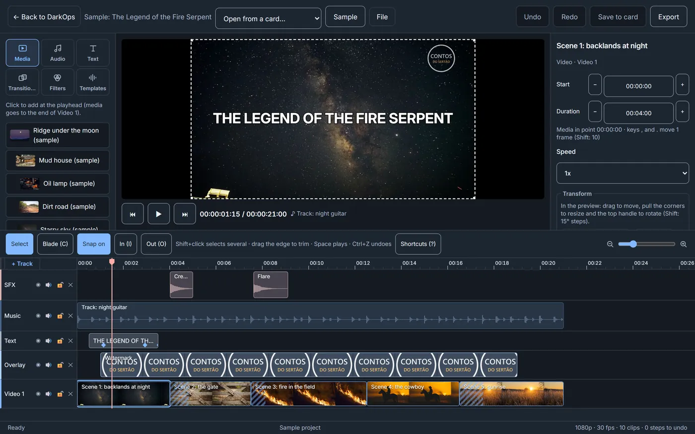 DarkOps video editor assembling a music video