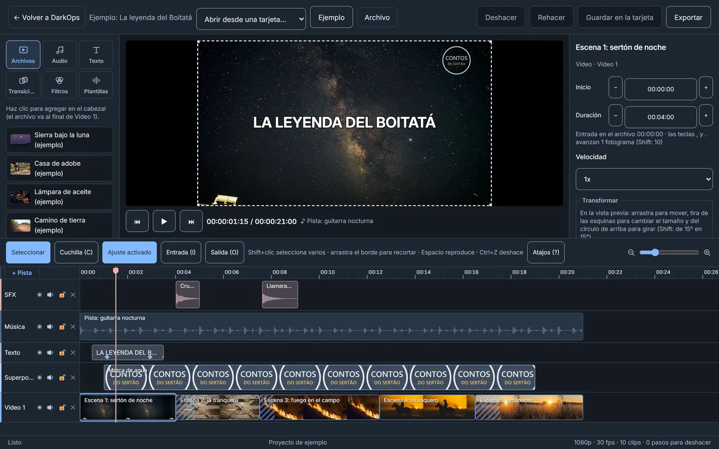 Editor de video de DarkOps montando un video de música
