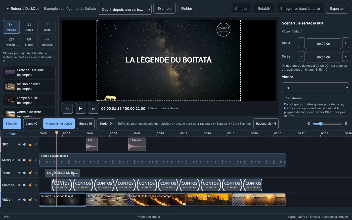 Éditeur vidéo de DarkOps en train de monter une vidéo musicale