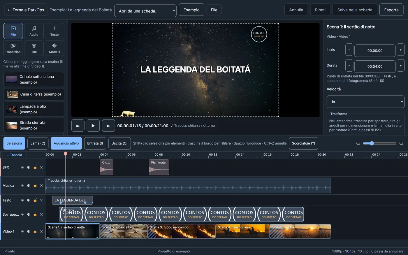 Editor video di DarkOps che monta un video musicale