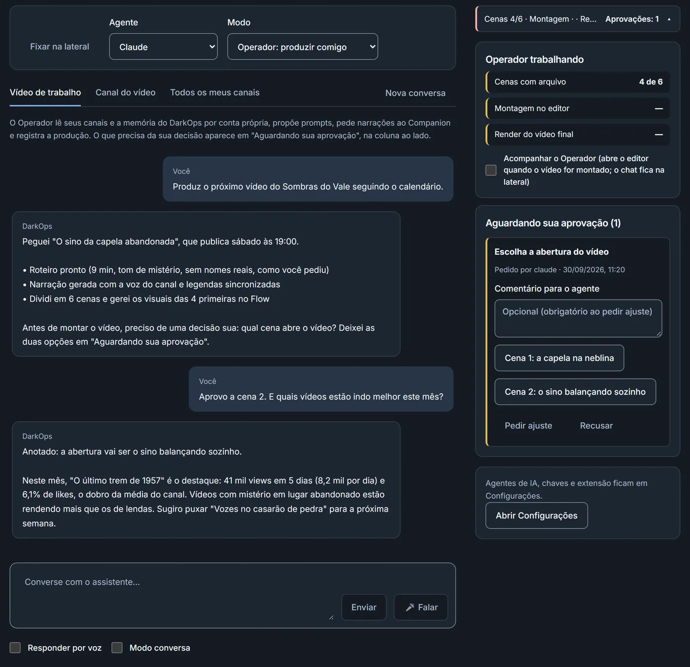 O Operador produzindo um vídeo no DarkOps: a conversa, 4 de 6 cenas prontas e uma decisão aguardando aprovação